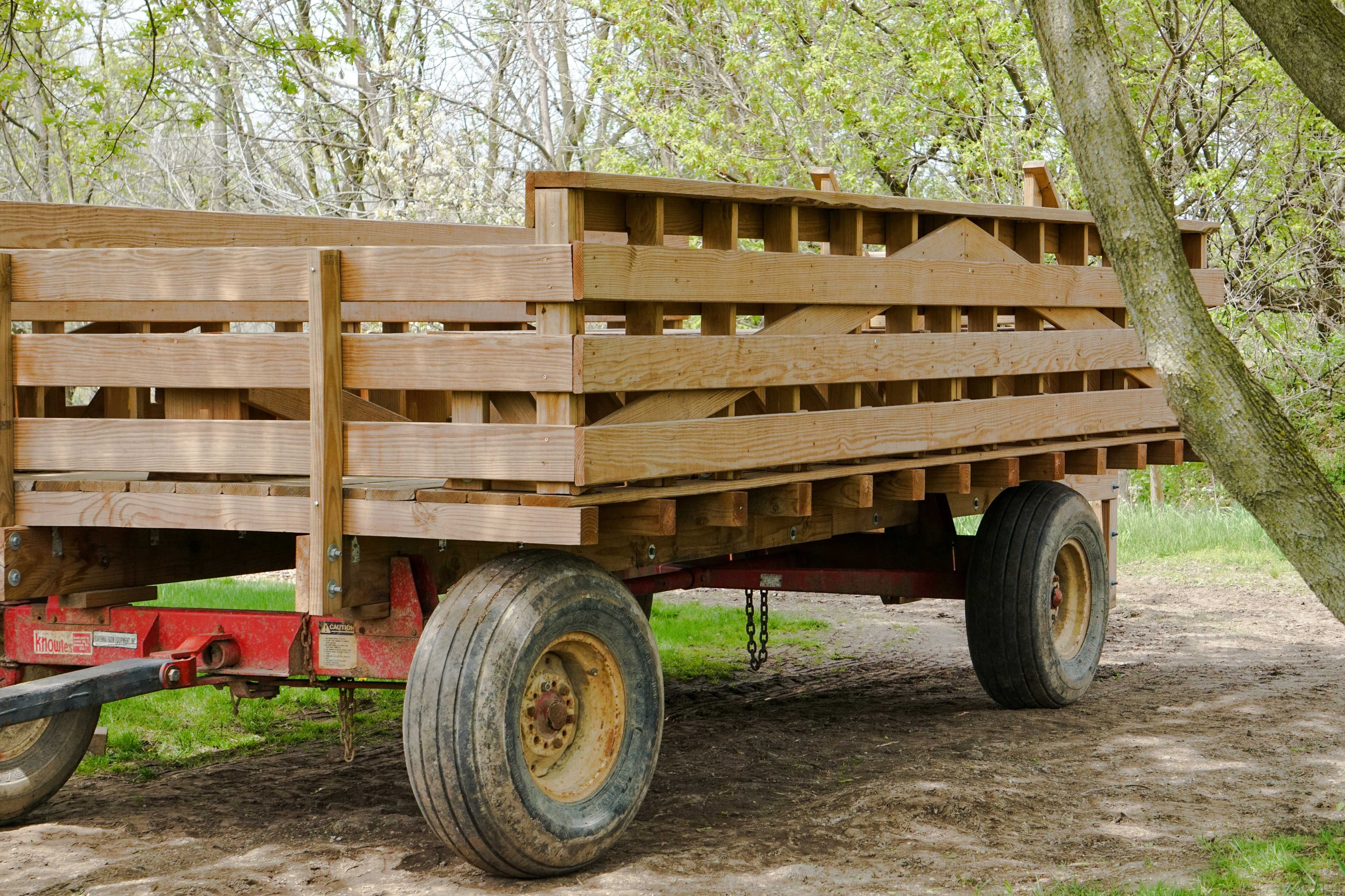 Wooden wagon with large wheels in a wooded area