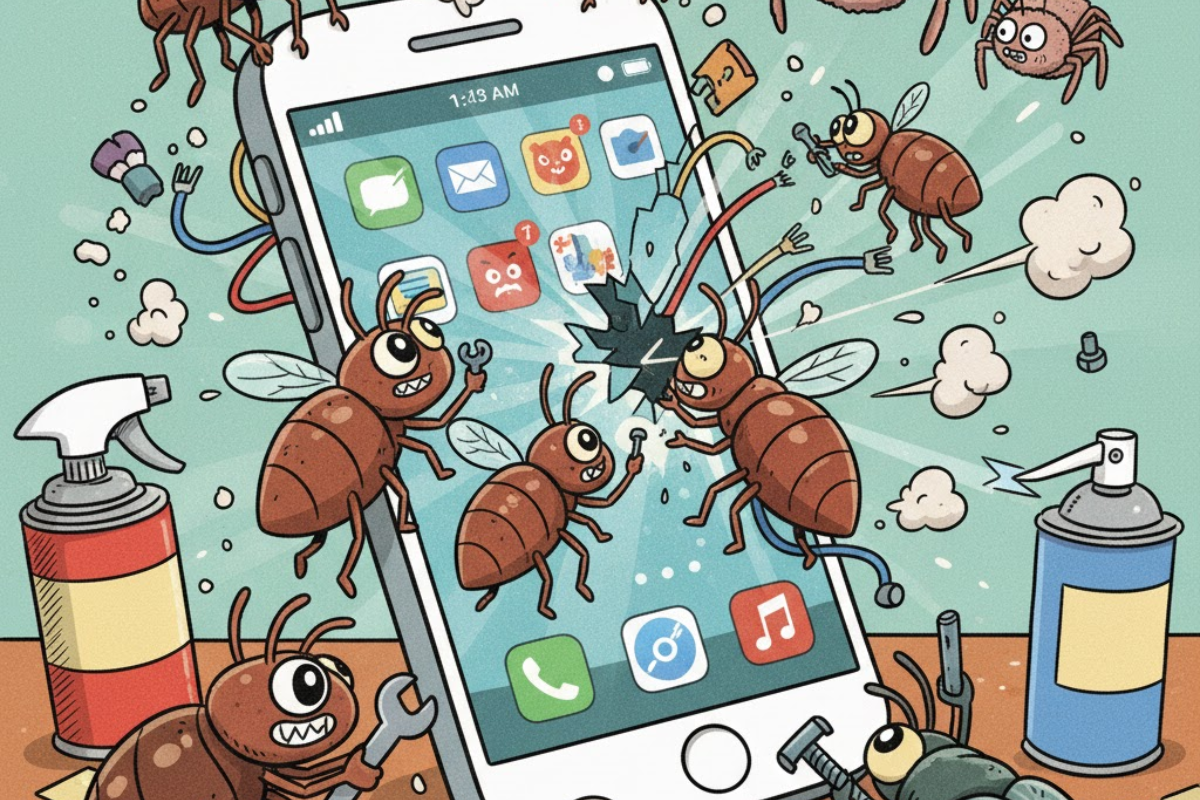 illustration of Android smartphone being attached by insects