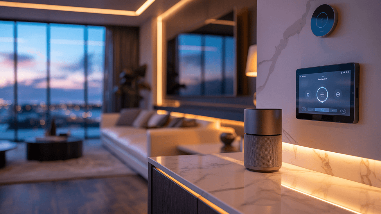 photo of a room with a smart speaker and panel
