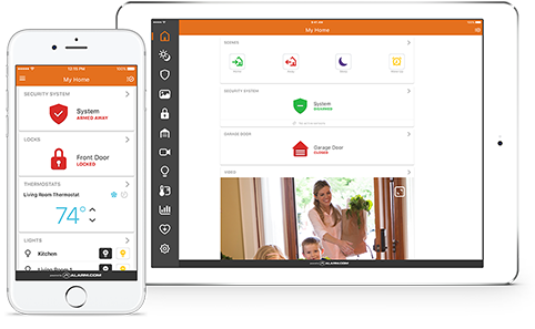 Alarm.com app and control panel showing controls for smart home security system.
