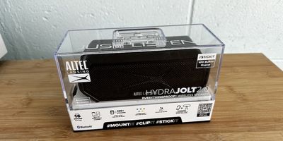 a photo of Altec Lansing HydraJolt 2.0 EVERYTHINGPROOF Wireless Speaker in its box on a counter.