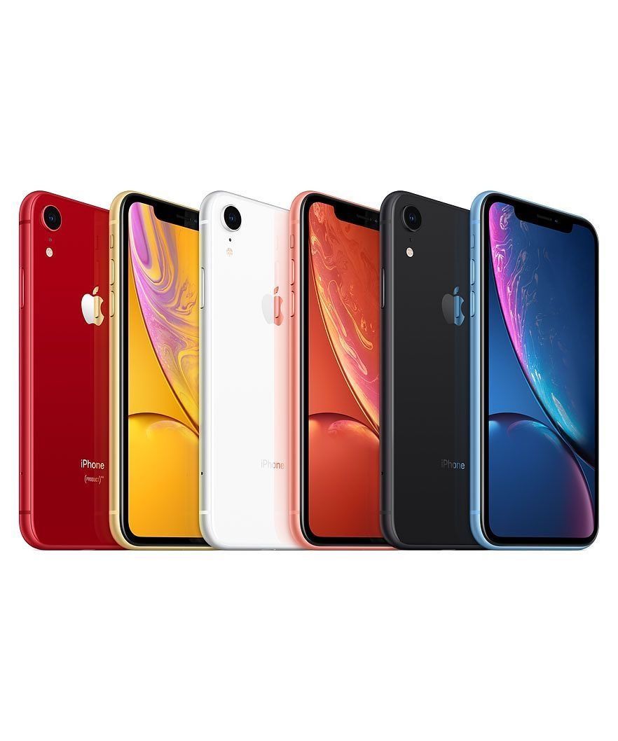 The Apple iPhone XR in six different colors including red, yellow, white and blue