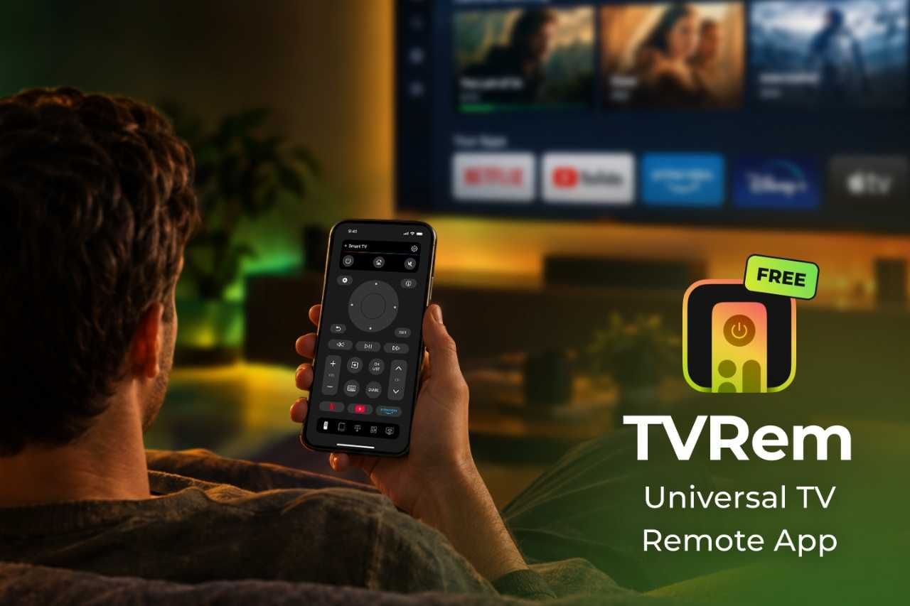photo of a man using TVRem remote app while watching TV