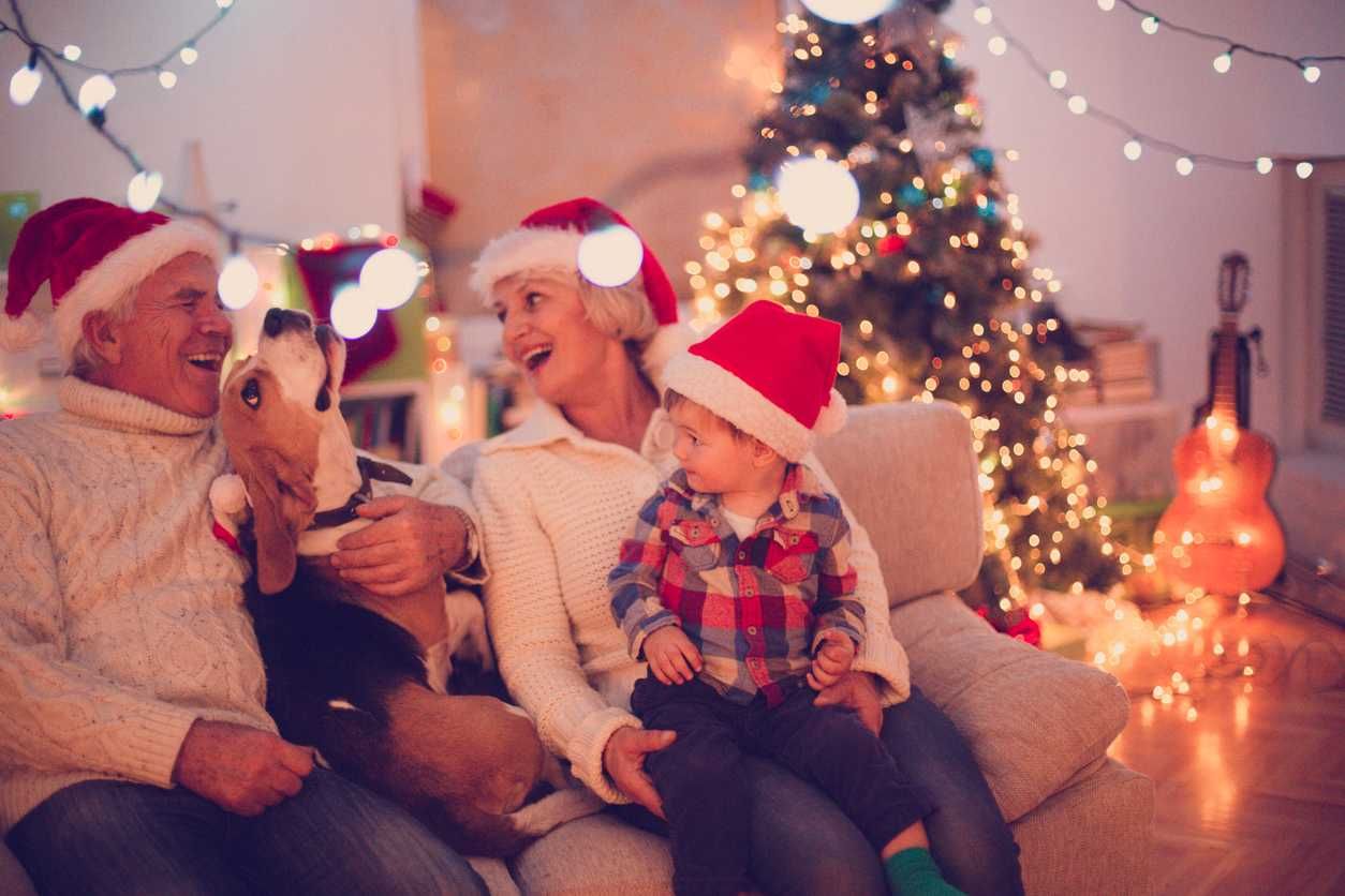 a photo of grandparents with their dog and grandchild on a couch during the holidays.