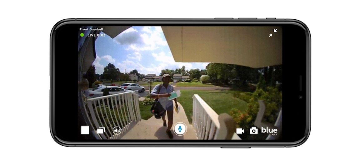 A screenshot of the Blue by ADT app open to the Blue by ADT doorbell camera view