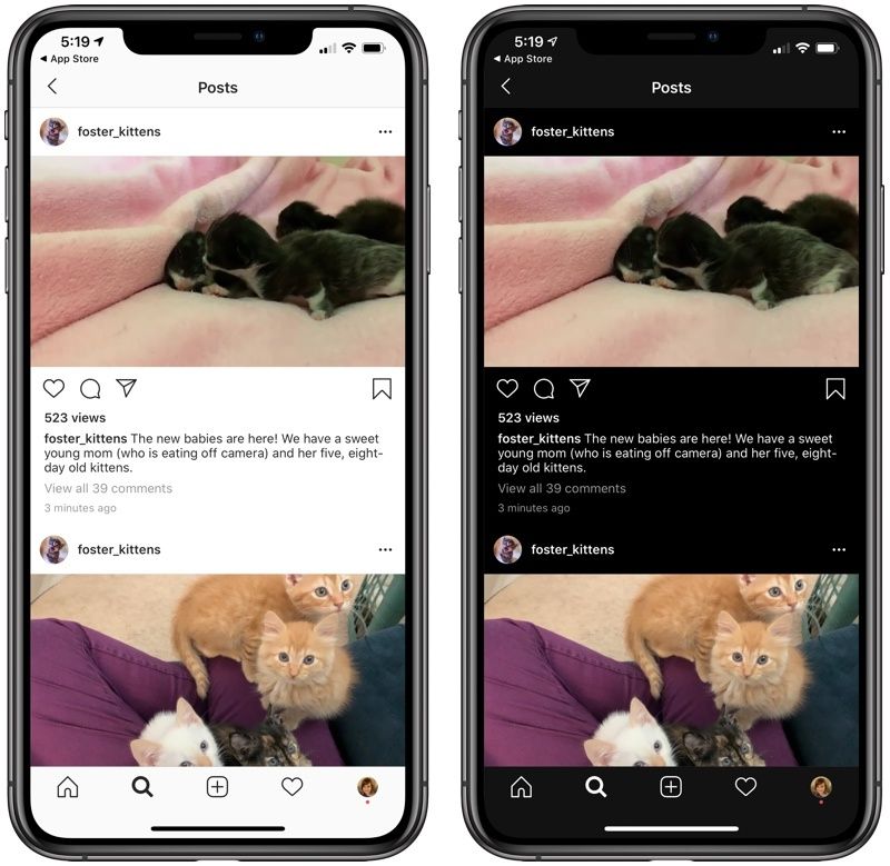 Two screens on iPhones, one in regular view and one in Dark Mode