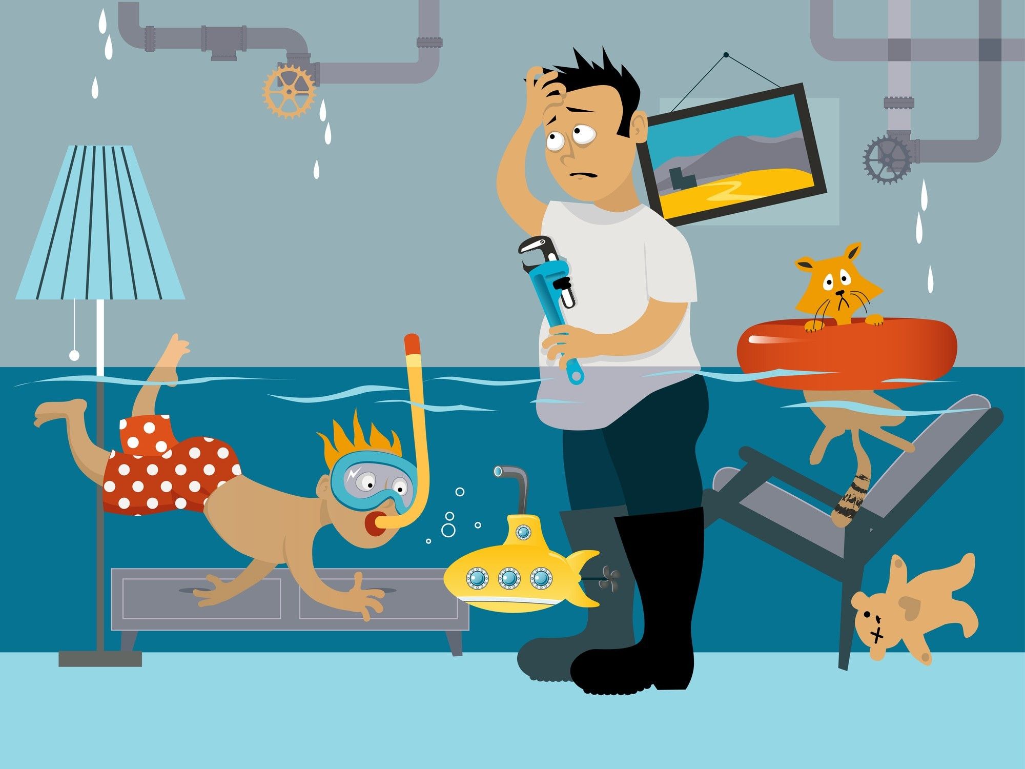 an illustration of a man in his house with water leaks