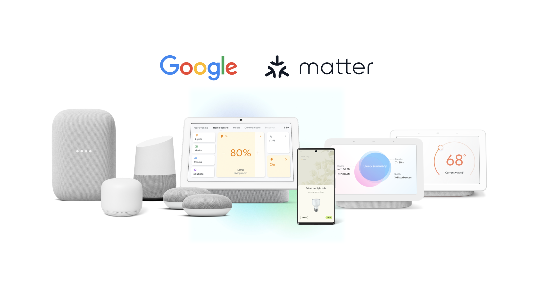 a photo of Google Assistant devices and Matter logo