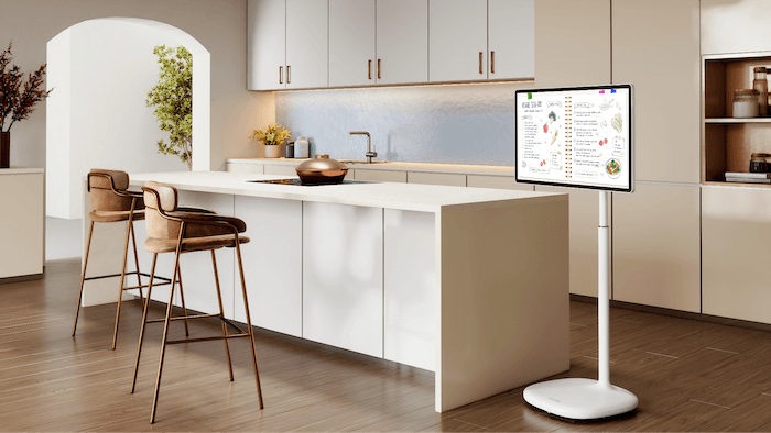a photo of Hisense RoamView in a kitchen on a stand.