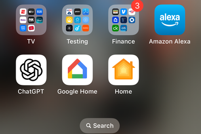 photo of iphone home screen showing apps to google home, alexa, apple homekit, chatgpt and other apps.