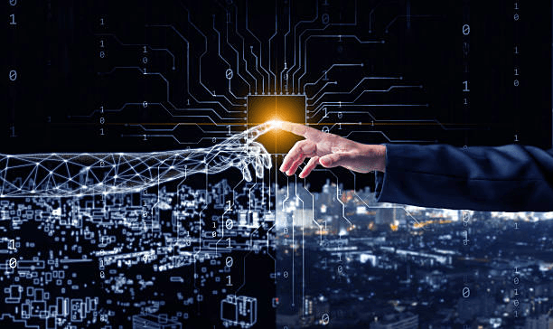 Illustration of arms touching at finger tips but one arm is digital