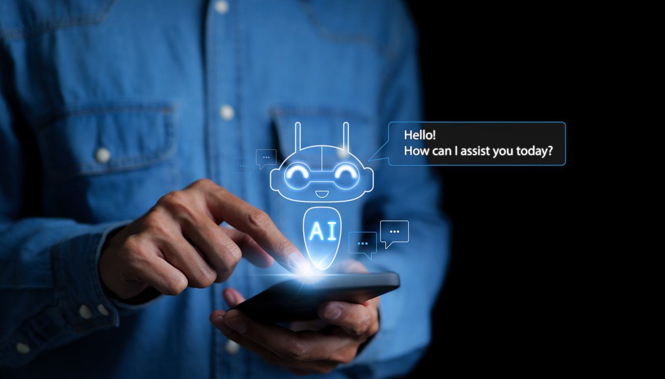 A photo of a man with smartphone using AI chatbot