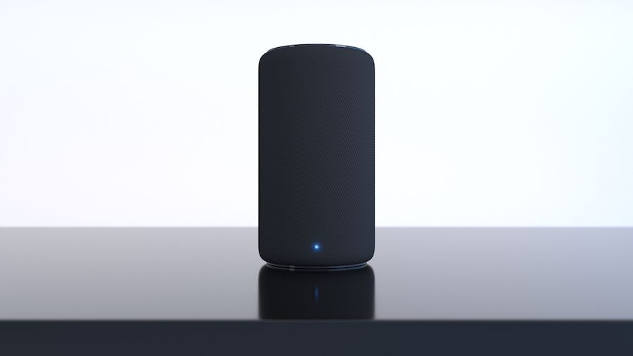 The outline of a black smart speaker with a simple blue dot lit near the bottom