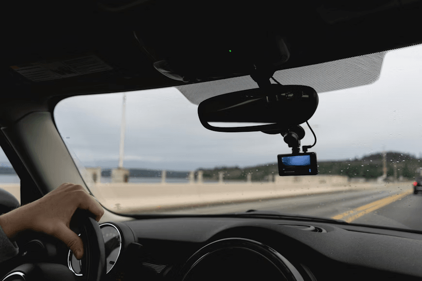 photo of dashcam on a car's dashboard