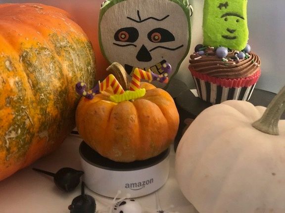 An Amazon Echo surrounded by Halloween decorations