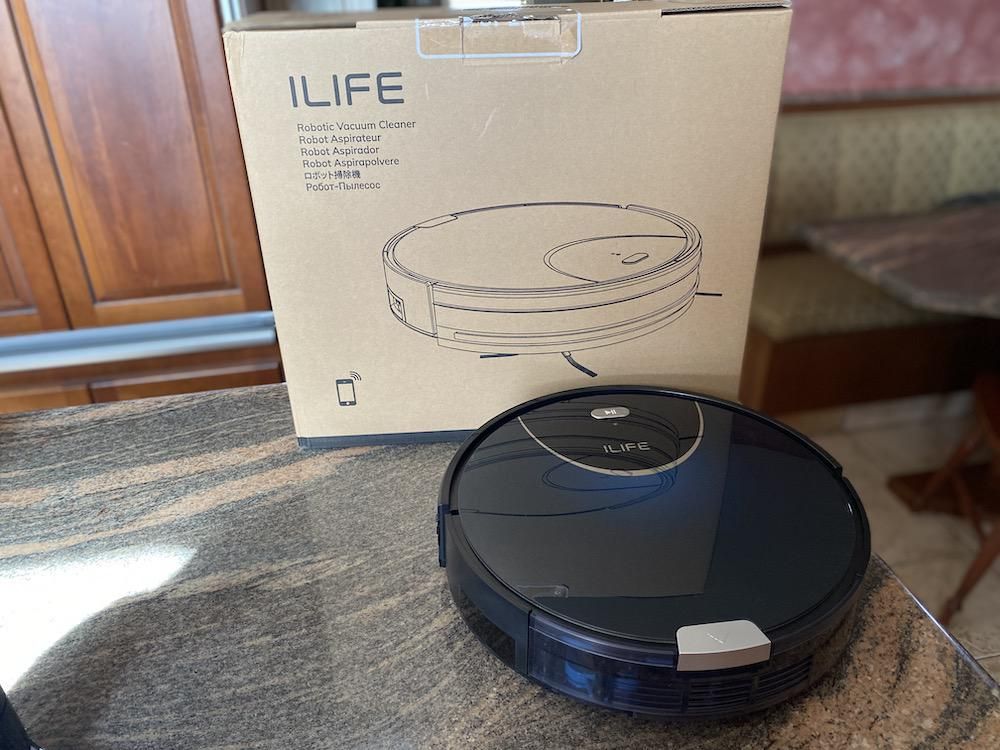 ILIFE V80 Max Robot Vacuum and box on a countertop