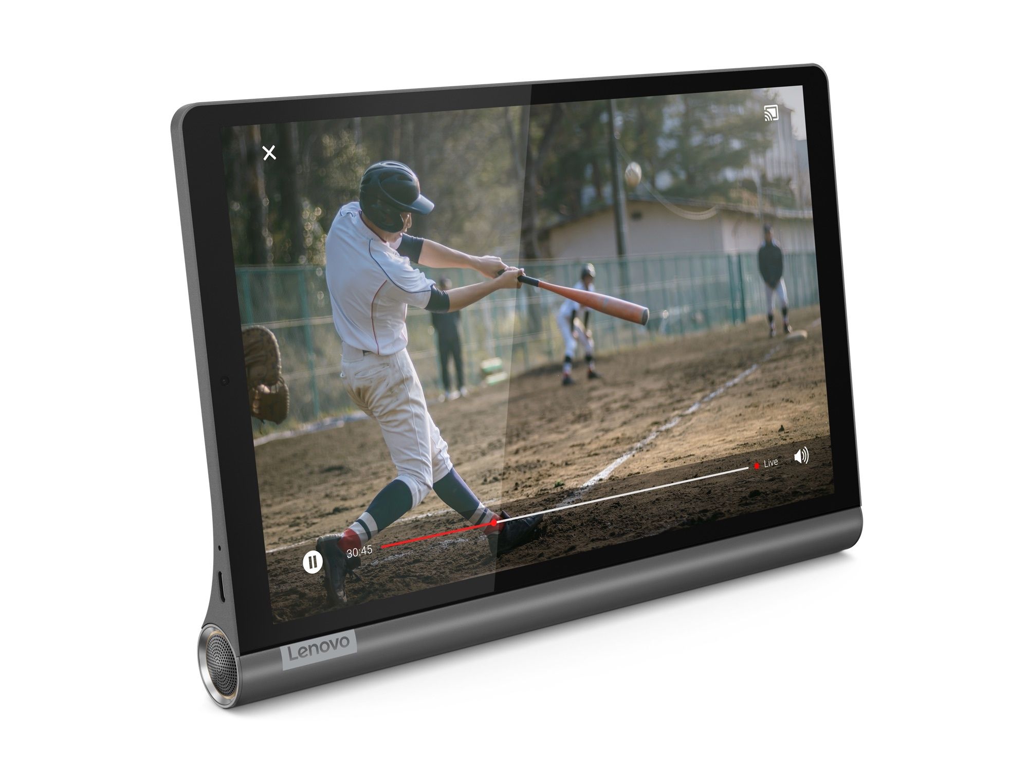 A tablet, in black, with a photo of a baseball player on the screen