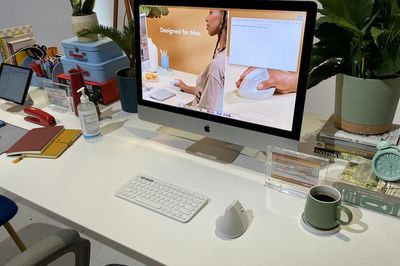 a photo of a desk with new Logitech Lift for Mac mouse and K380 Keyboard for Macs