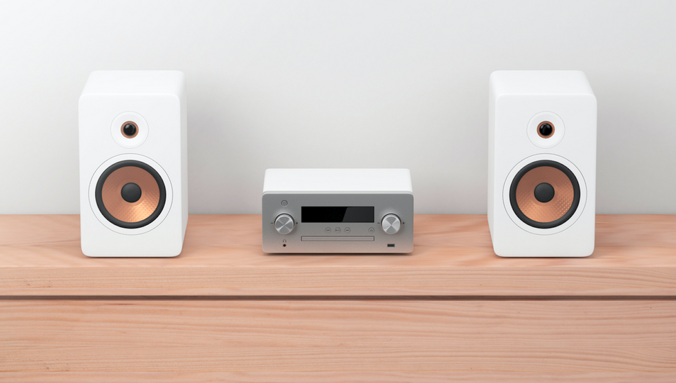 Two speakers next to a tuner