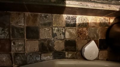 a photo of Moen Smart Leak Detector installed on the floor next to a toilet