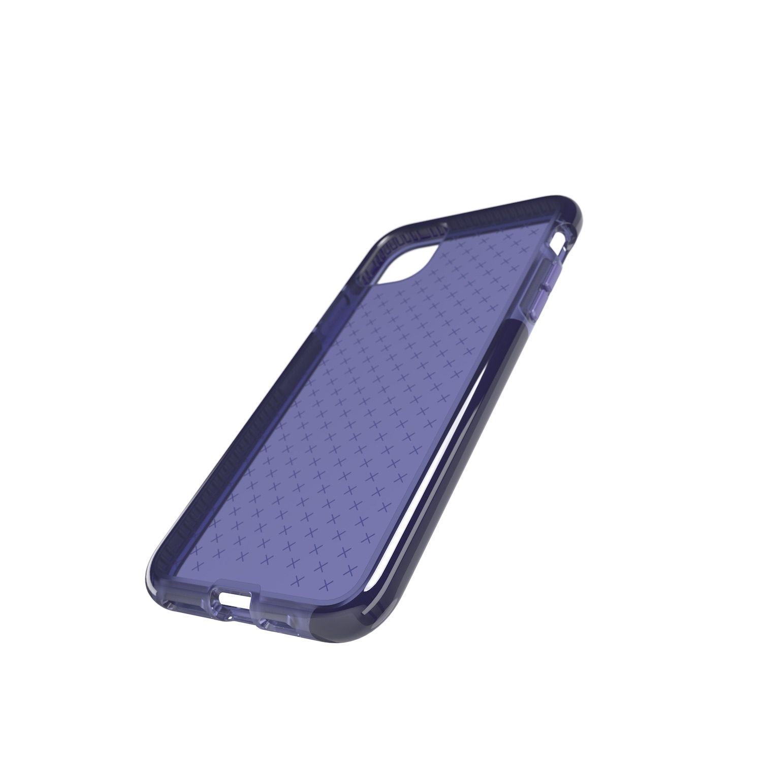 A clear, purplish-blue case with small cross marks along the back