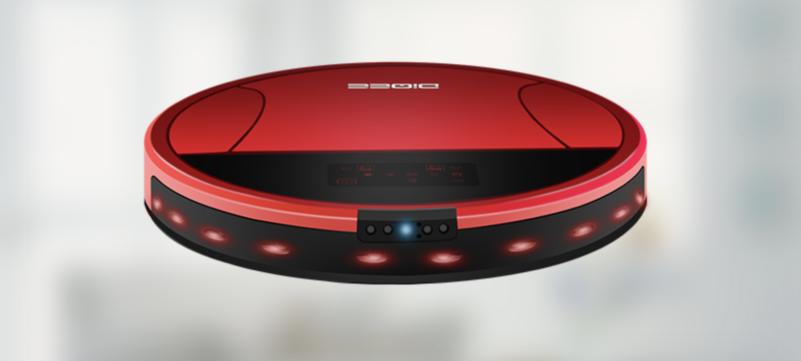 a photo of a robot vacuum suspended in the air
