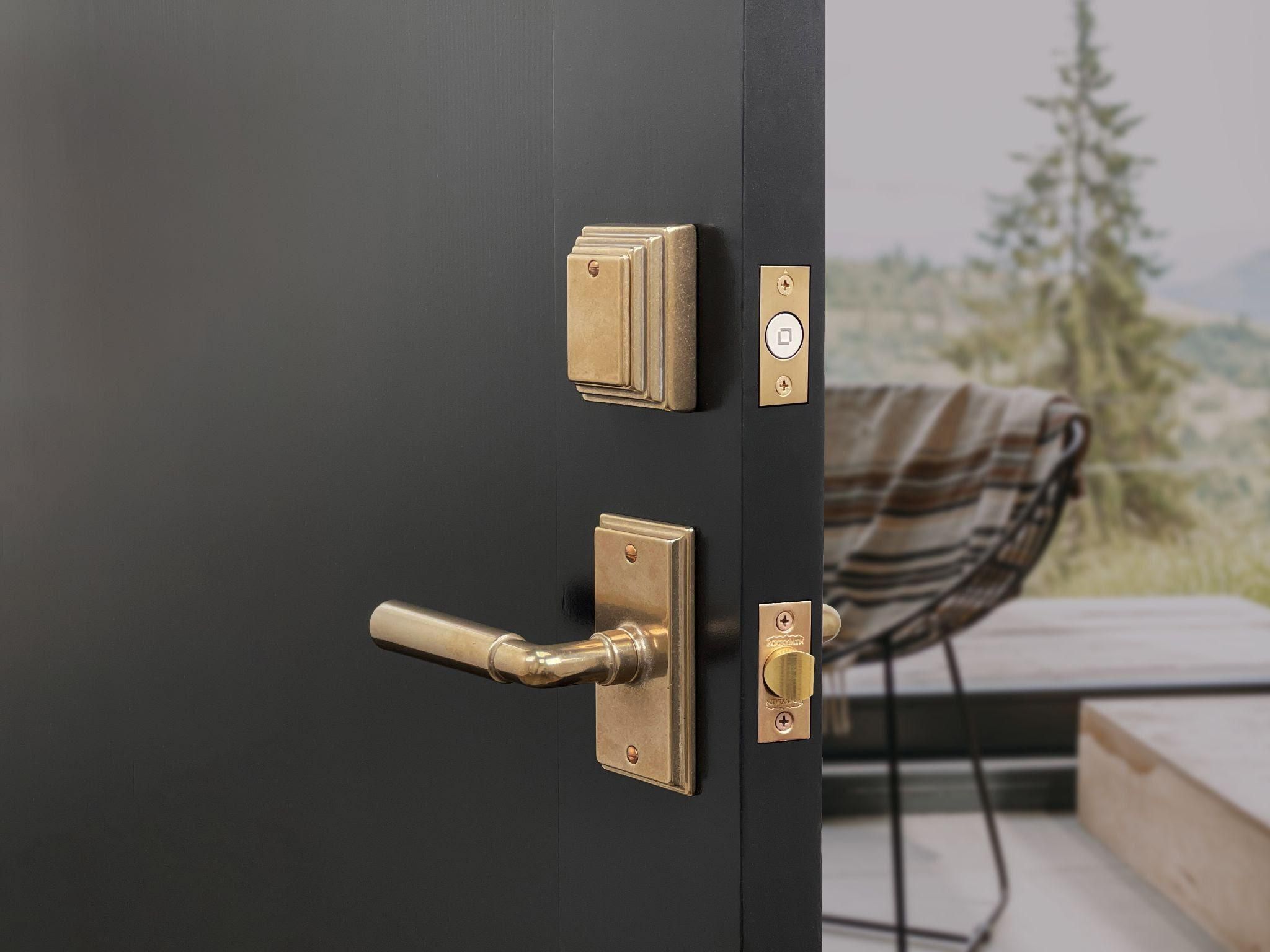 Photo of high end looking smart door lock with Rocky Mountain Hardware and Level Bolt lock.