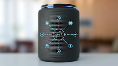 A smart speaker with smart home icons