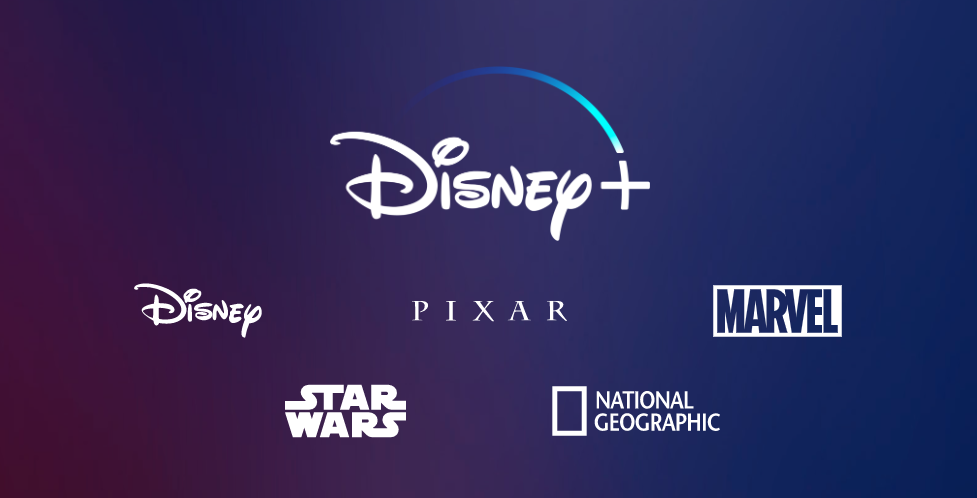 Disney+ logo and other content logos including Star Wars, Pixar, Marvel and National Geographic