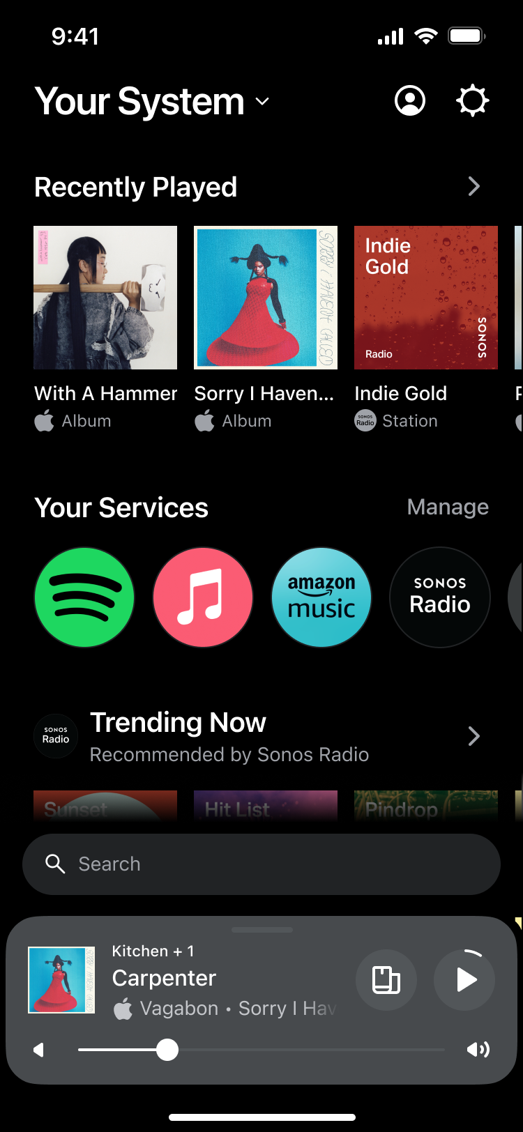 A screenshot of Sonos app redesign homescreen