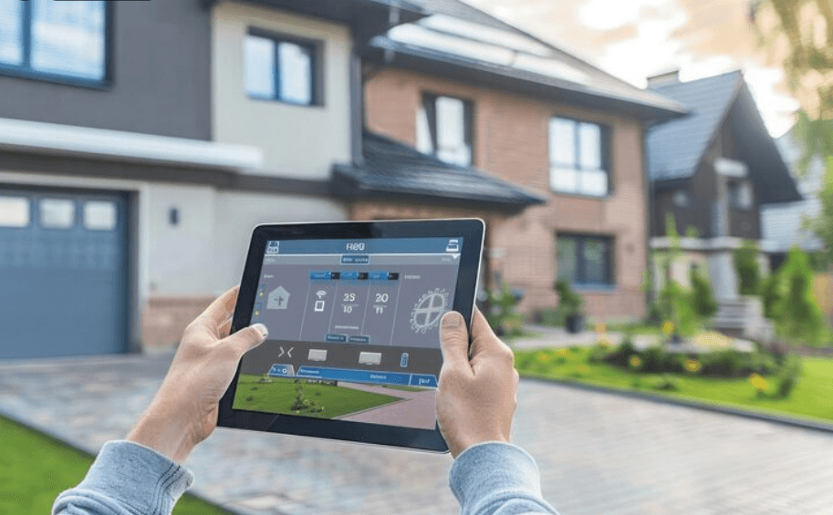 photo of a person holding a tablet while pointed at a house.