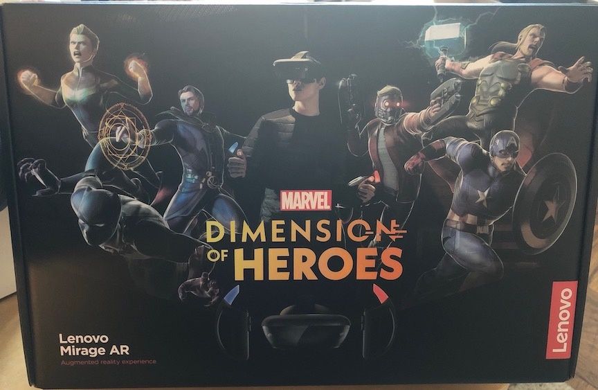The box for the Lenovo Mirage AR Marvel Dimensions of Heroes game