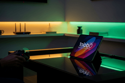 photo of a tablet in a kitchen with wifi router in the background on a counter with undercabinet lights.