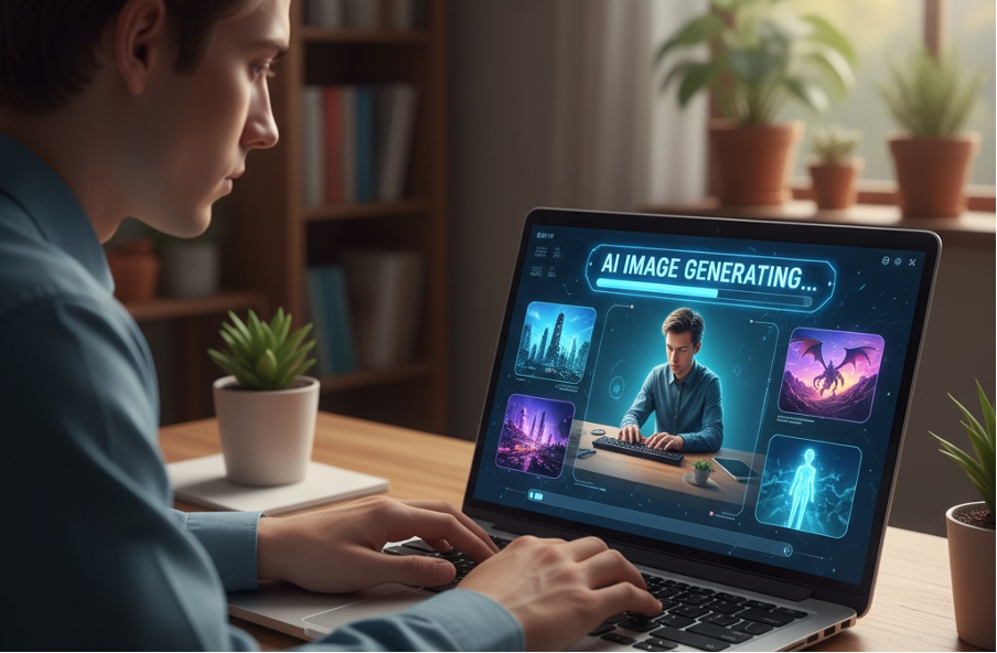 a man on a computer at a desk