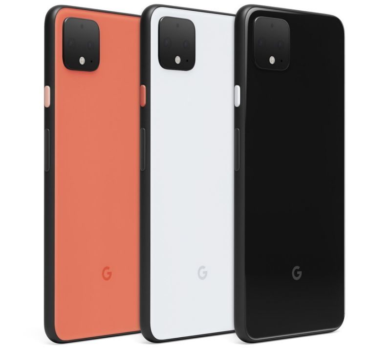 Three Google Pixel 4 smartphones in red, white and black lined up against a white background 