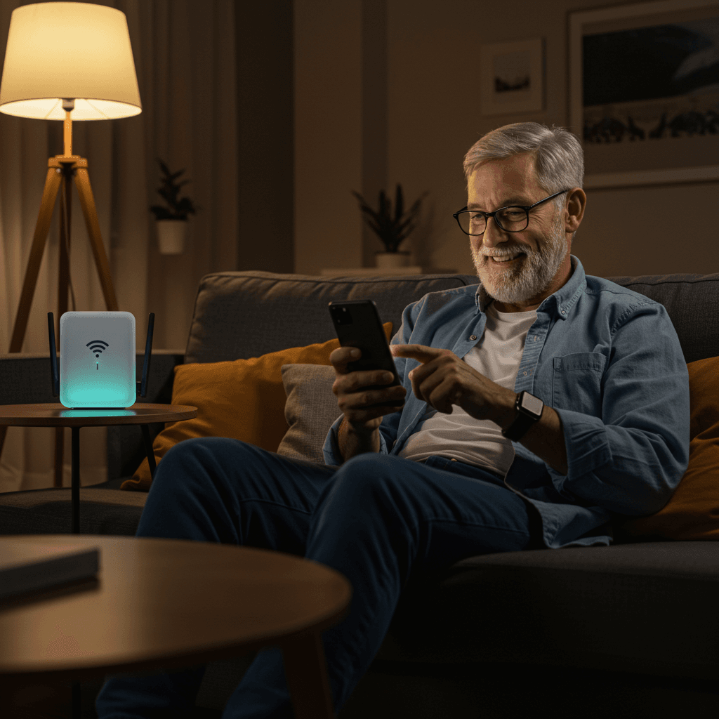 a man on. his smartphone sitting next to a wifi router on a couch