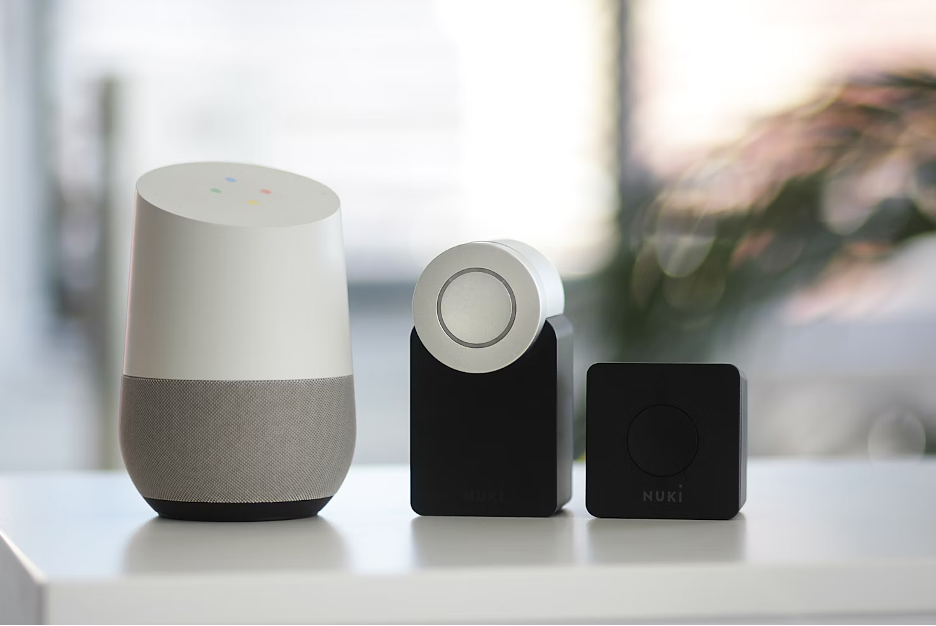 a photo of a Google Home Smart Hub, Nuki Smart Lock and Nuki hub.