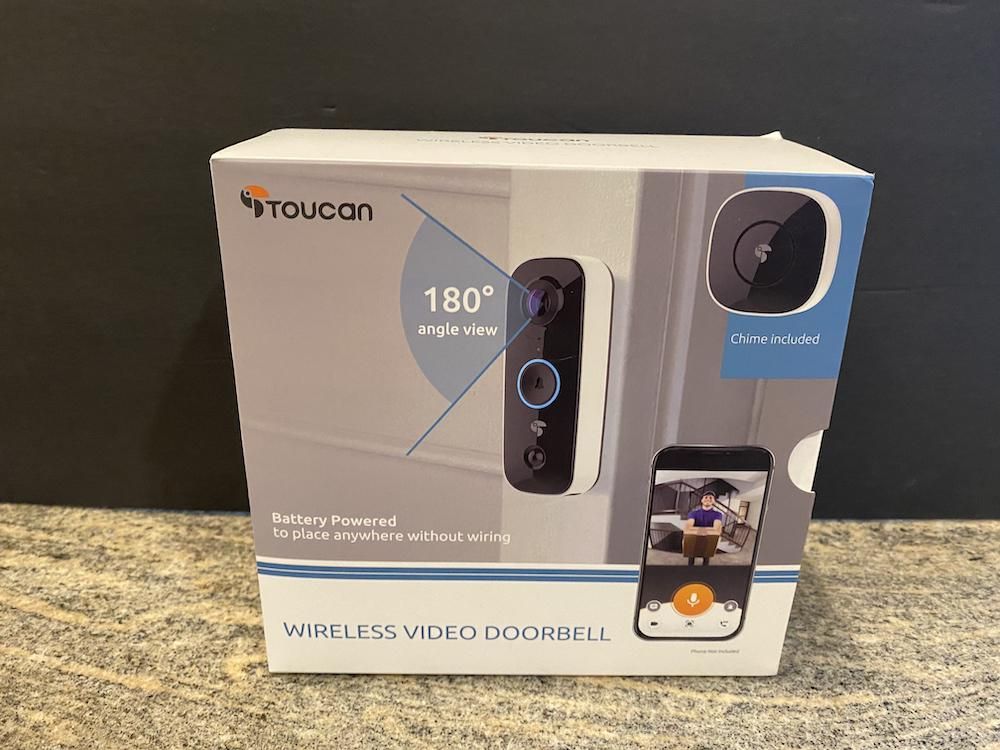 Box of Toucan Wireless Video Doorbell on a counter