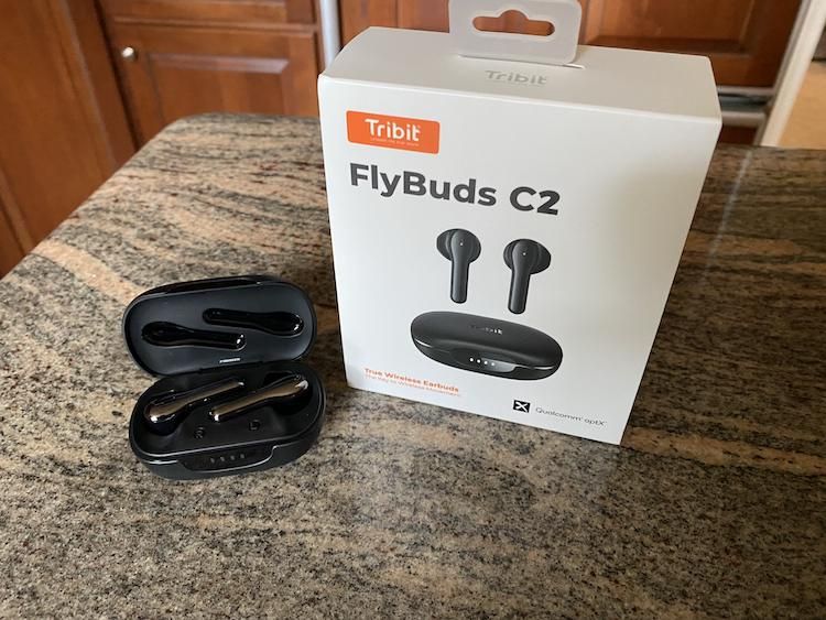 Tribit Flybuds C2 True Wireless Earbuds box and case opened with earbuds inside
