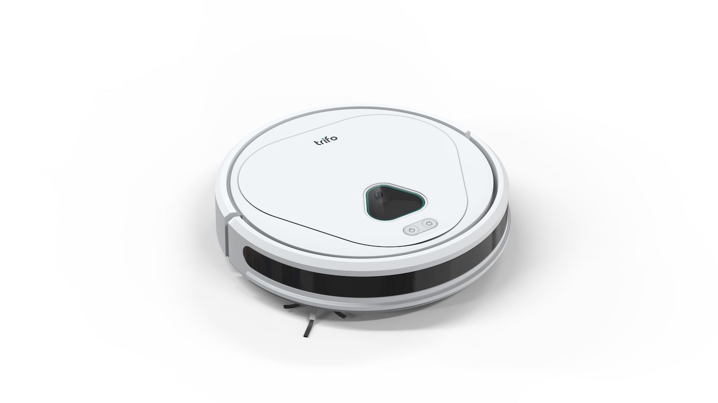 A white, round robot vacuum with a triangle window, and the word "trifo" on the top