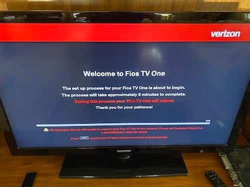 Photo of Weclome screen for installing Verizon FiOS in a home 