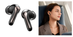 photo of a woman wearing SoundPEATS Air5 Pro Earbds