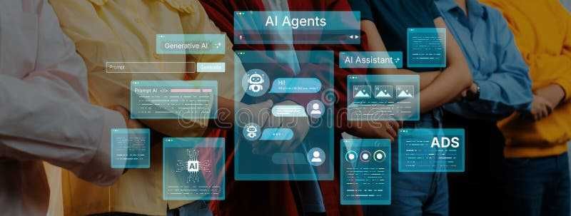 AI agents dashboard unifies generative content, assistant chat and ads. AI manages prompts, tracks performance, and streamlines marketing workflows. Corpus. Ai agents stock images, royalty-free photos and pictures