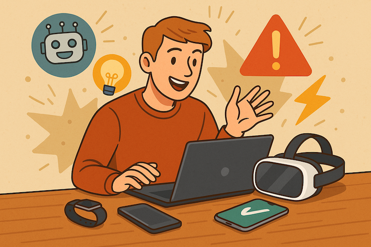 Illustration of a man at a desk with his laptop, smartphone, smartwatch, portable power bank and VR headset.