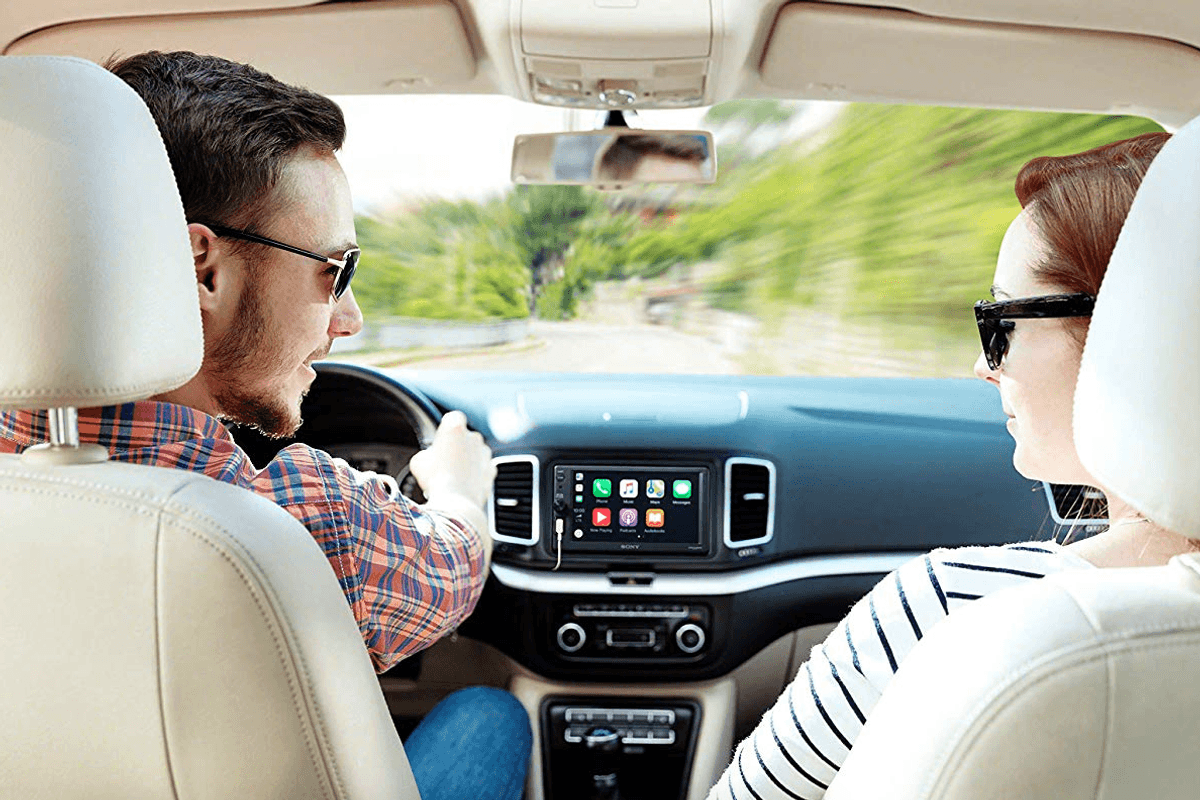 Lifestyle image of a car with Sony head unit and Apple CarPlay