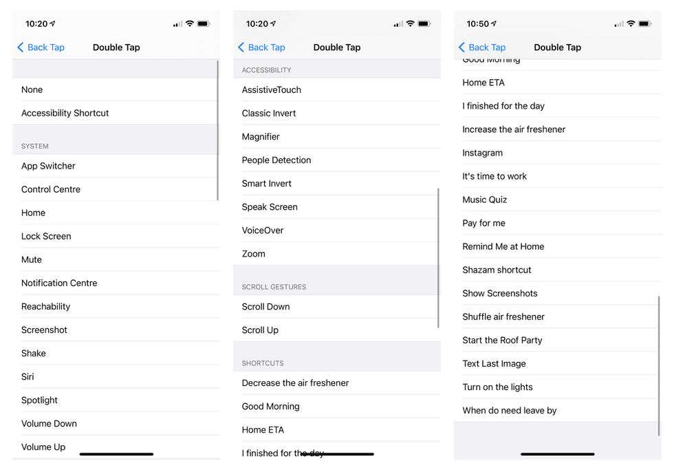 List of functions the Back Tap feature can perform
