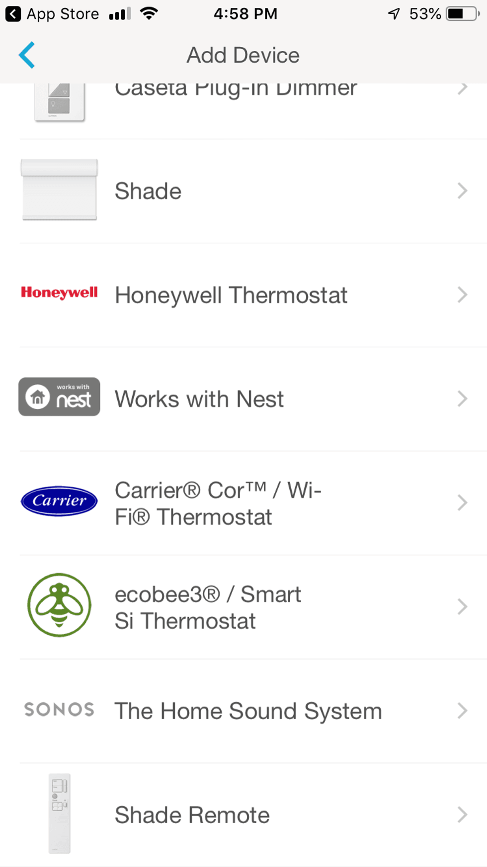 Lutron caseta mobile app add a device screen