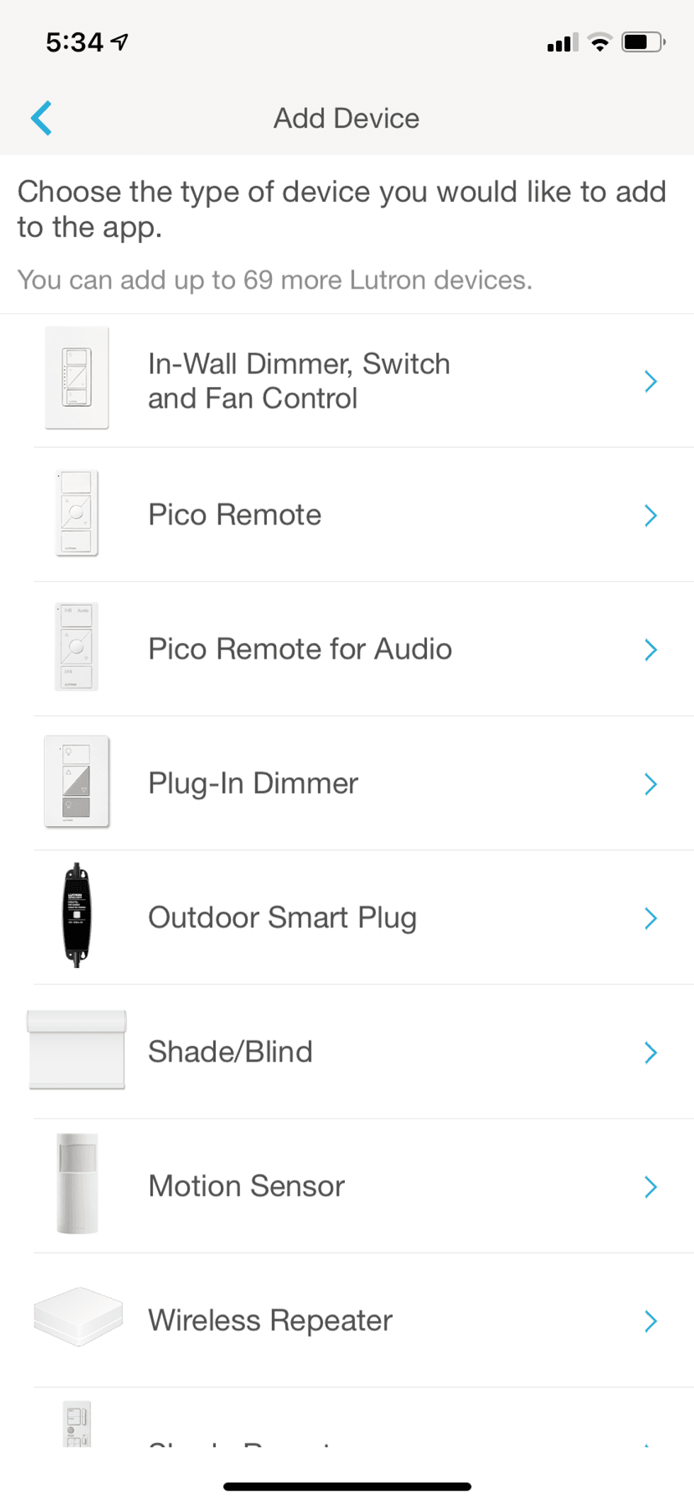 Lutron mobile app home page for add a device.