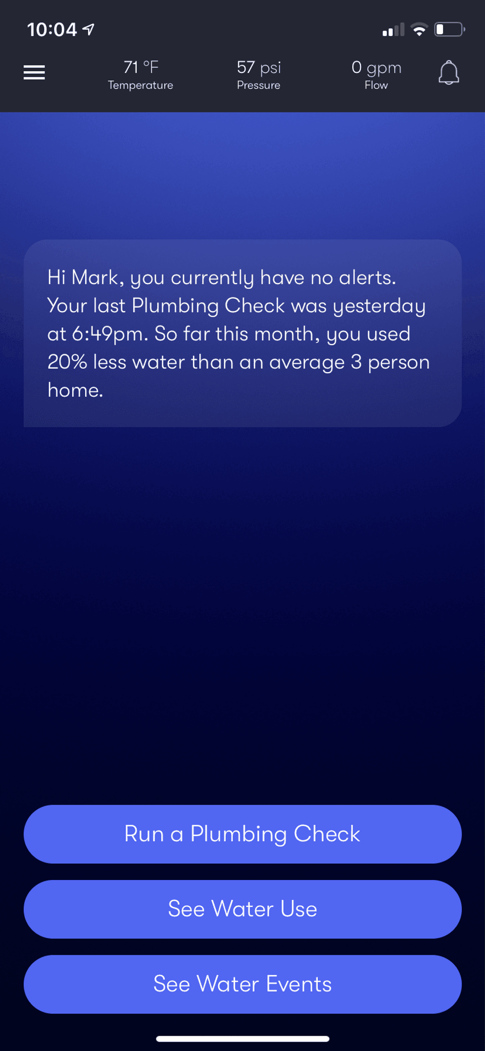 Main screen for Phyn app