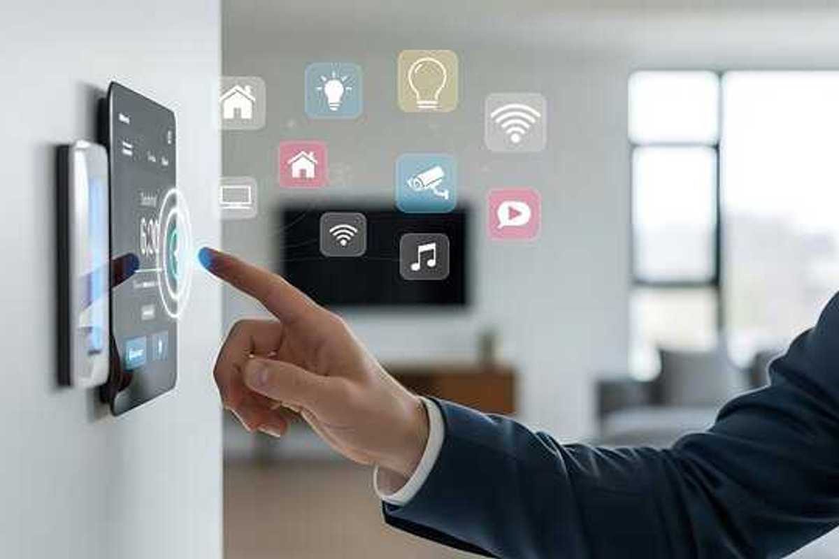 Man controls smart home technology via wall-mounted touchscreen interface, showcasing automated home features.